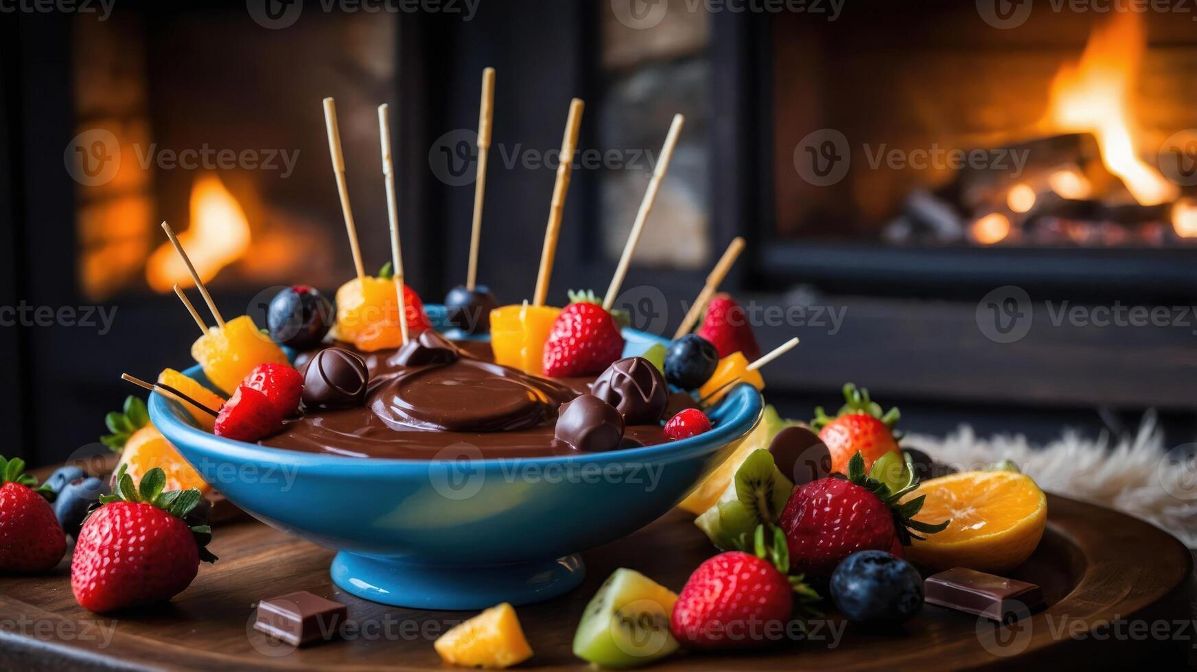 A vibrant fruit and chocolate fondue display by a cozy fireplace. photo