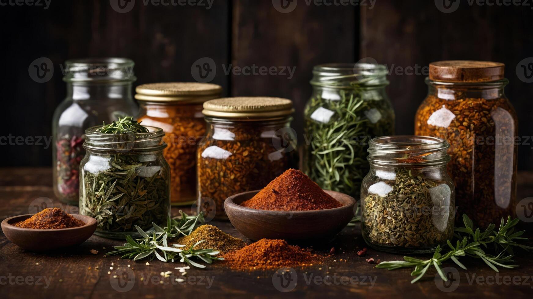 A collection of jars filled with various spices and herbs on a rustic wooden surface. photo