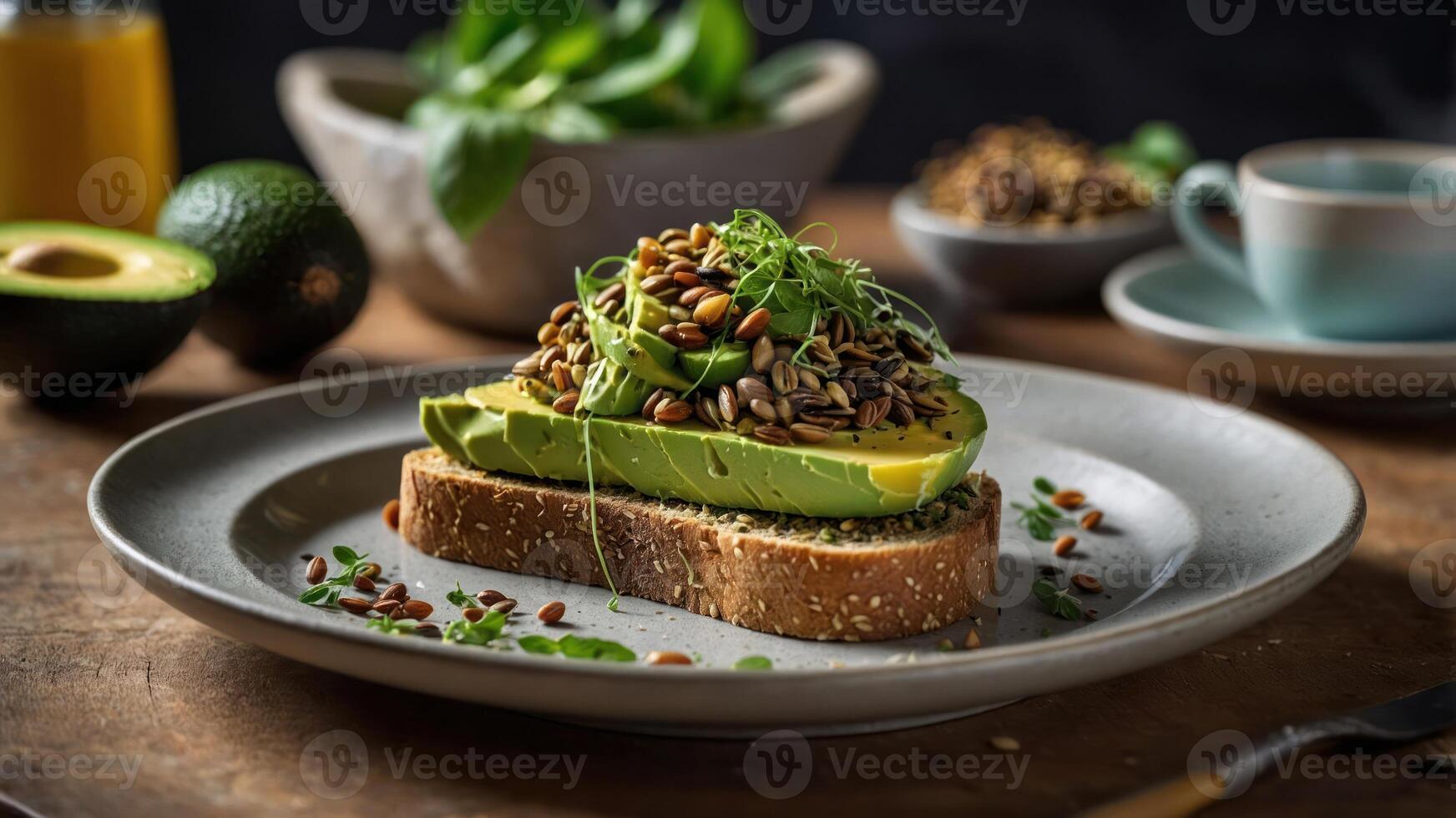 A healthy avocado toast topped with seeds, served on a rustic plate. photo