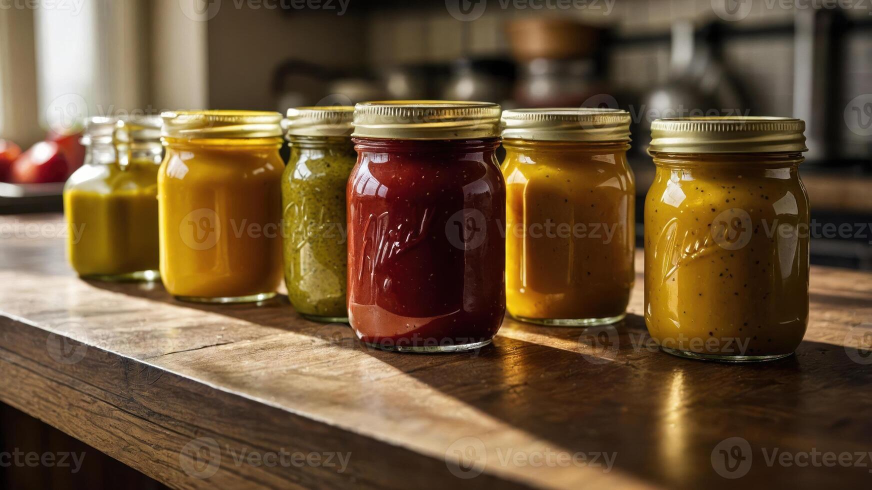 A row of colorful condiment jars on a wooden table in a kitchen setting. photo