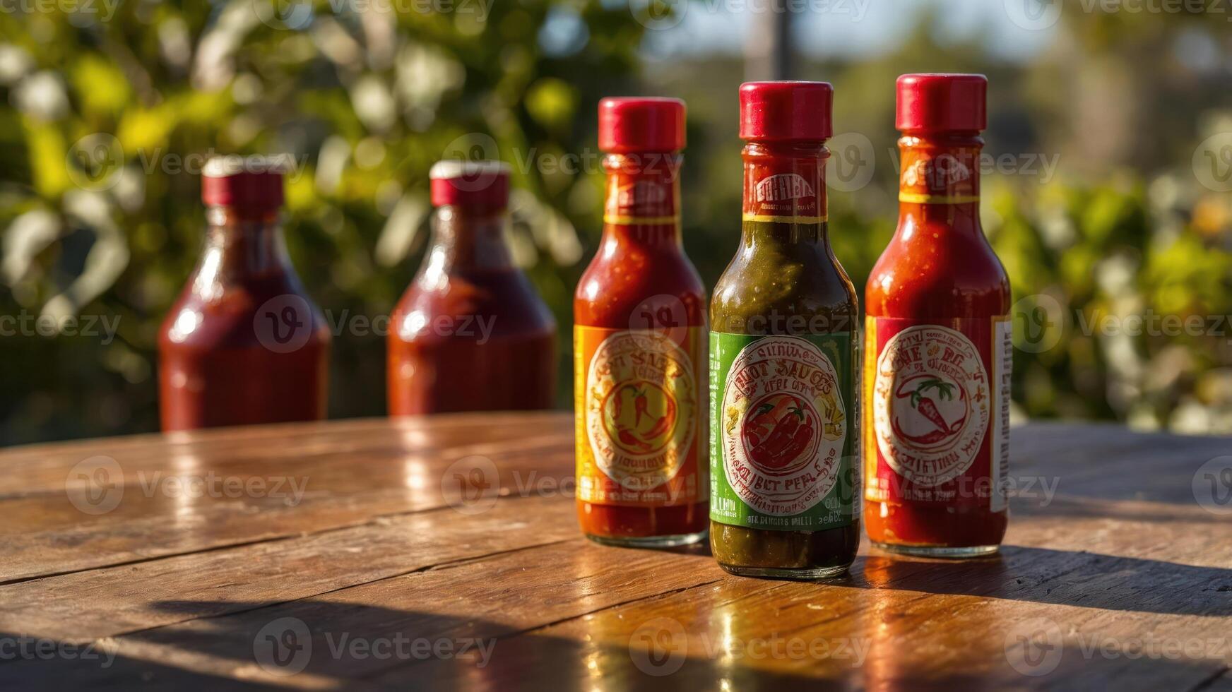 A collection of colorful hot sauce bottles arranged on a wooden table outdoors. photo