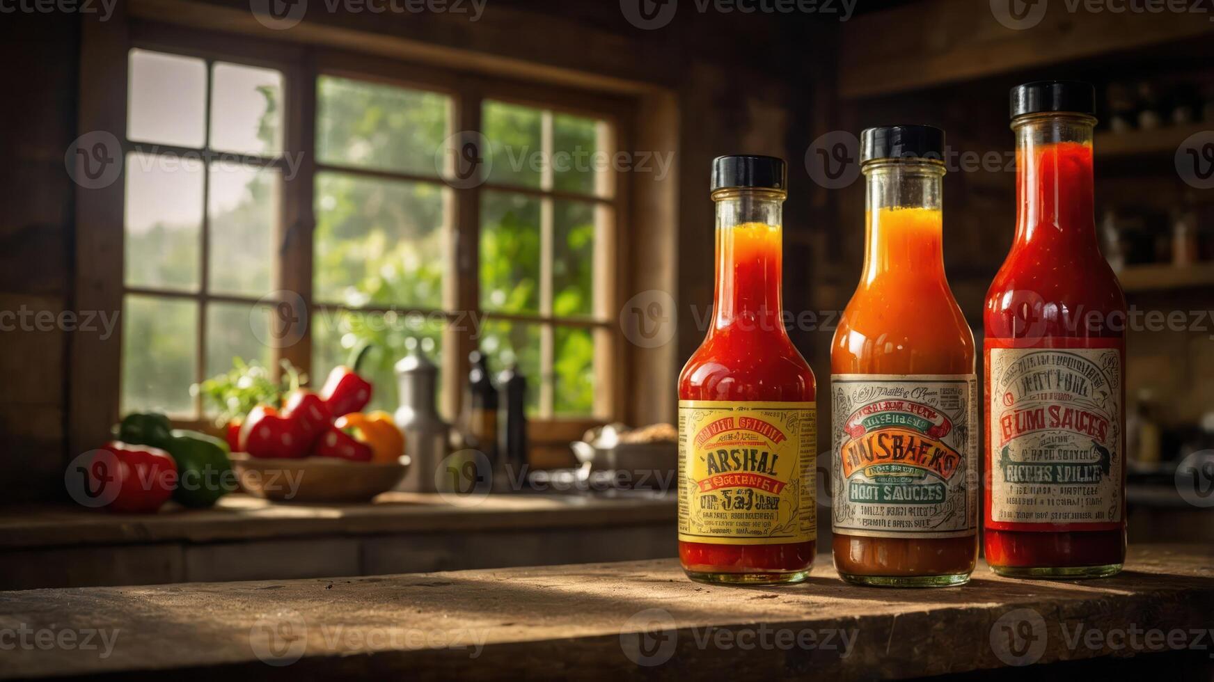 Three bottles of hot sauce displayed on a wooden table in a rustic kitchen setting. photo
