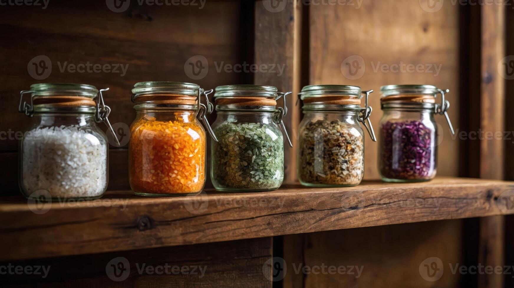 A row of glass jars filled with colorful salts and herbs on a wooden shelf. photo