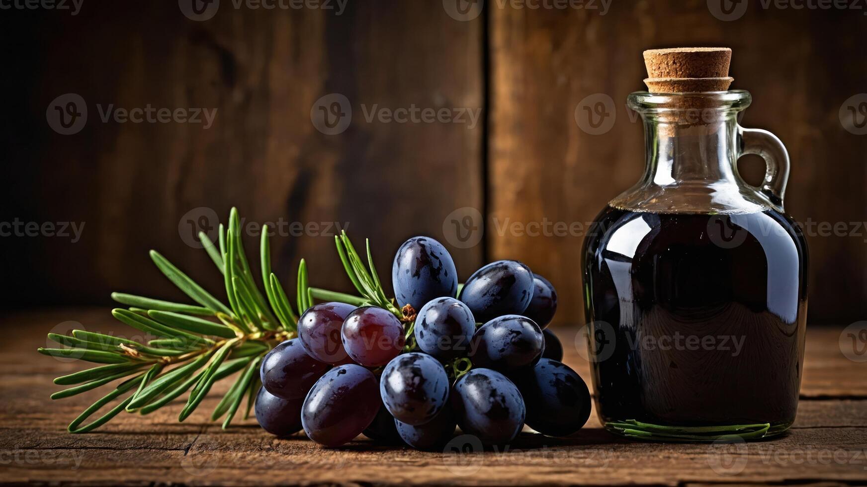 A glass bottle of dark liquid next to grapes and a sprig of rosemary on a wooden surface. photo