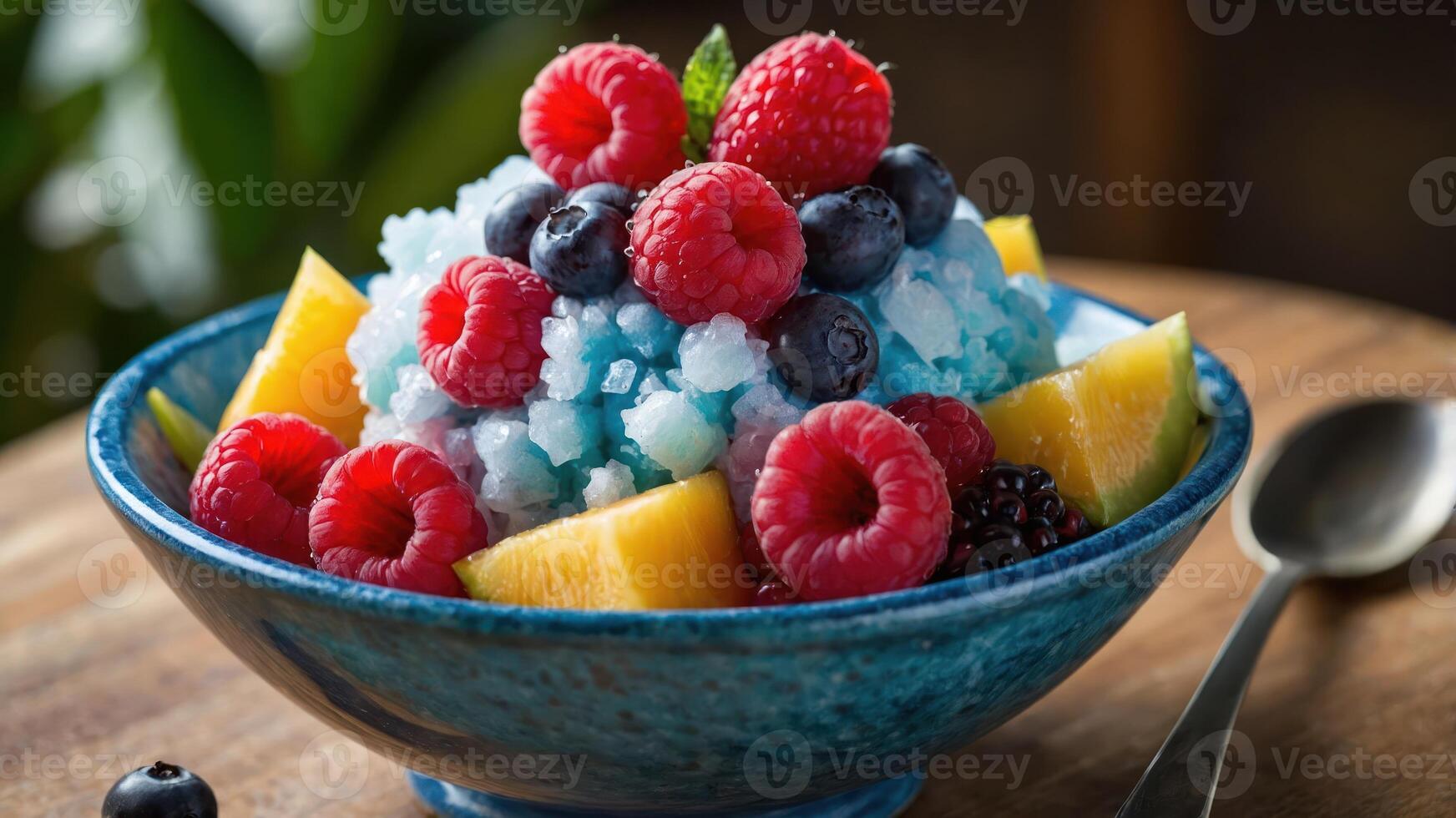 A colorful bowl of shaved ice topped with various fresh fruits. photo
