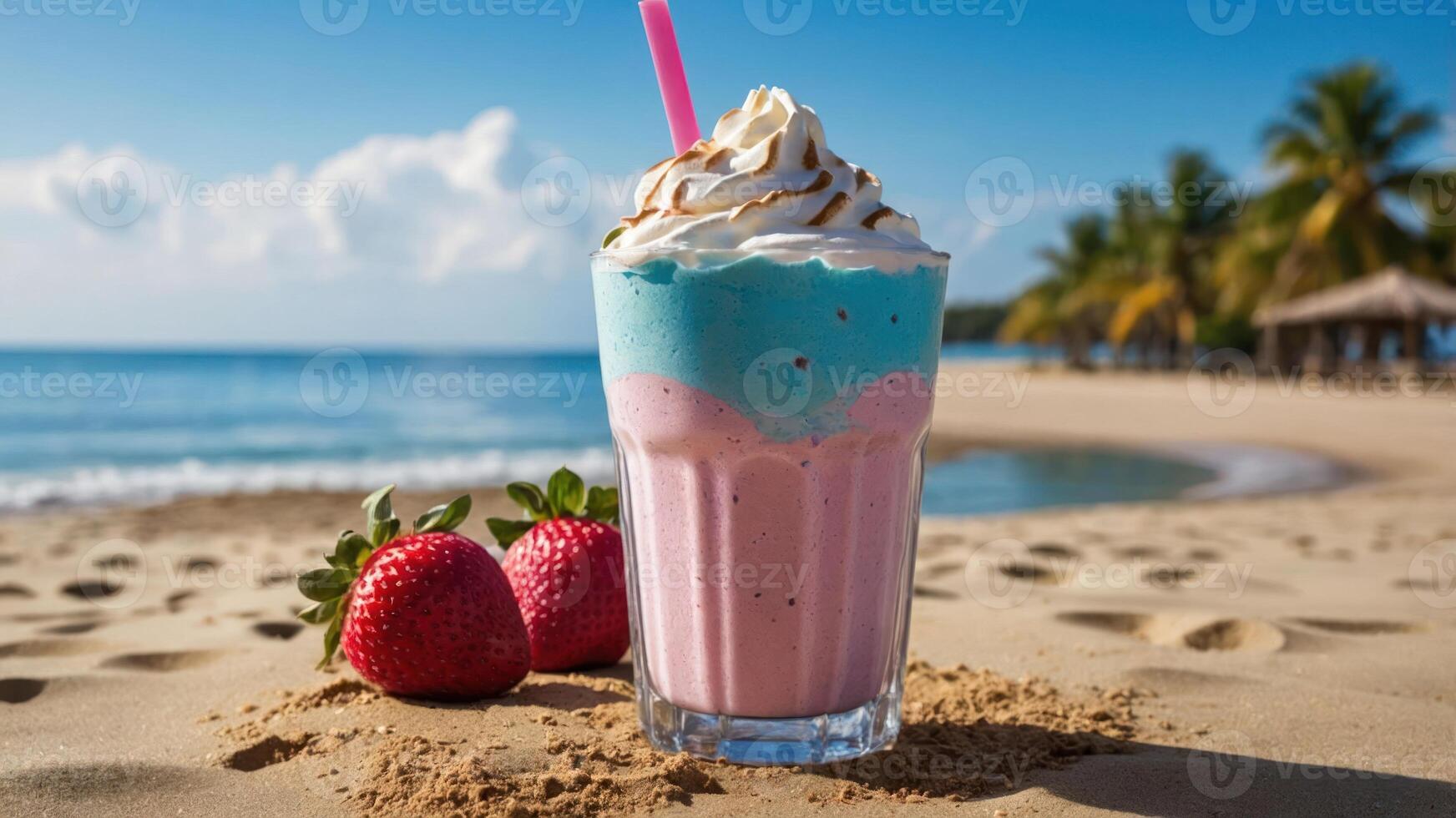 A colorful milkshake on a beach with strawberries, evoking a refreshing summer vibe. photo