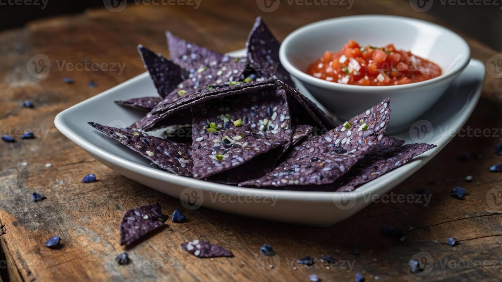 A plate of purple tortilla chips served with a bowl of salsa on a wooden table. photo
