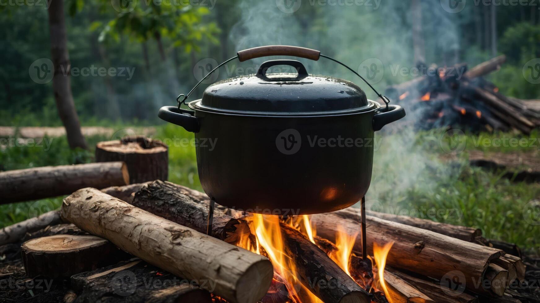 A pot cooking over a campfire in a forest setting, surrounded by logs and smoke. photo