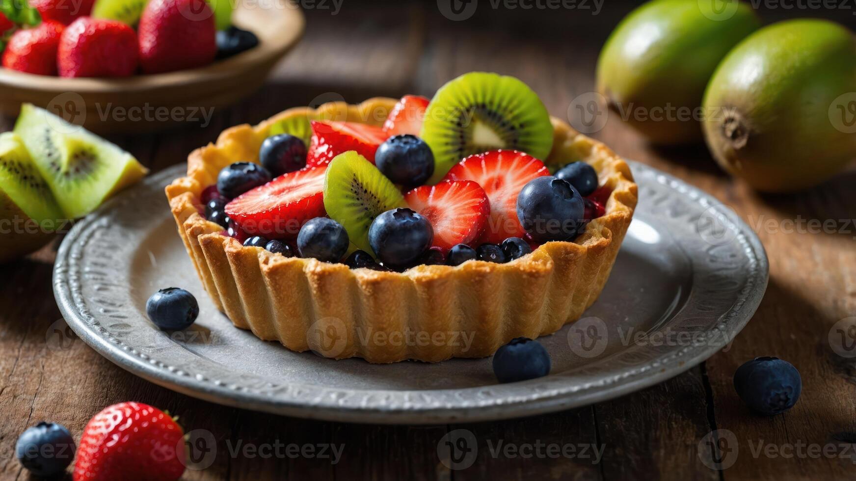 A delicious fruit tart topped with strawberries, blueberries, and kiwi on a rustic wooden table. photo