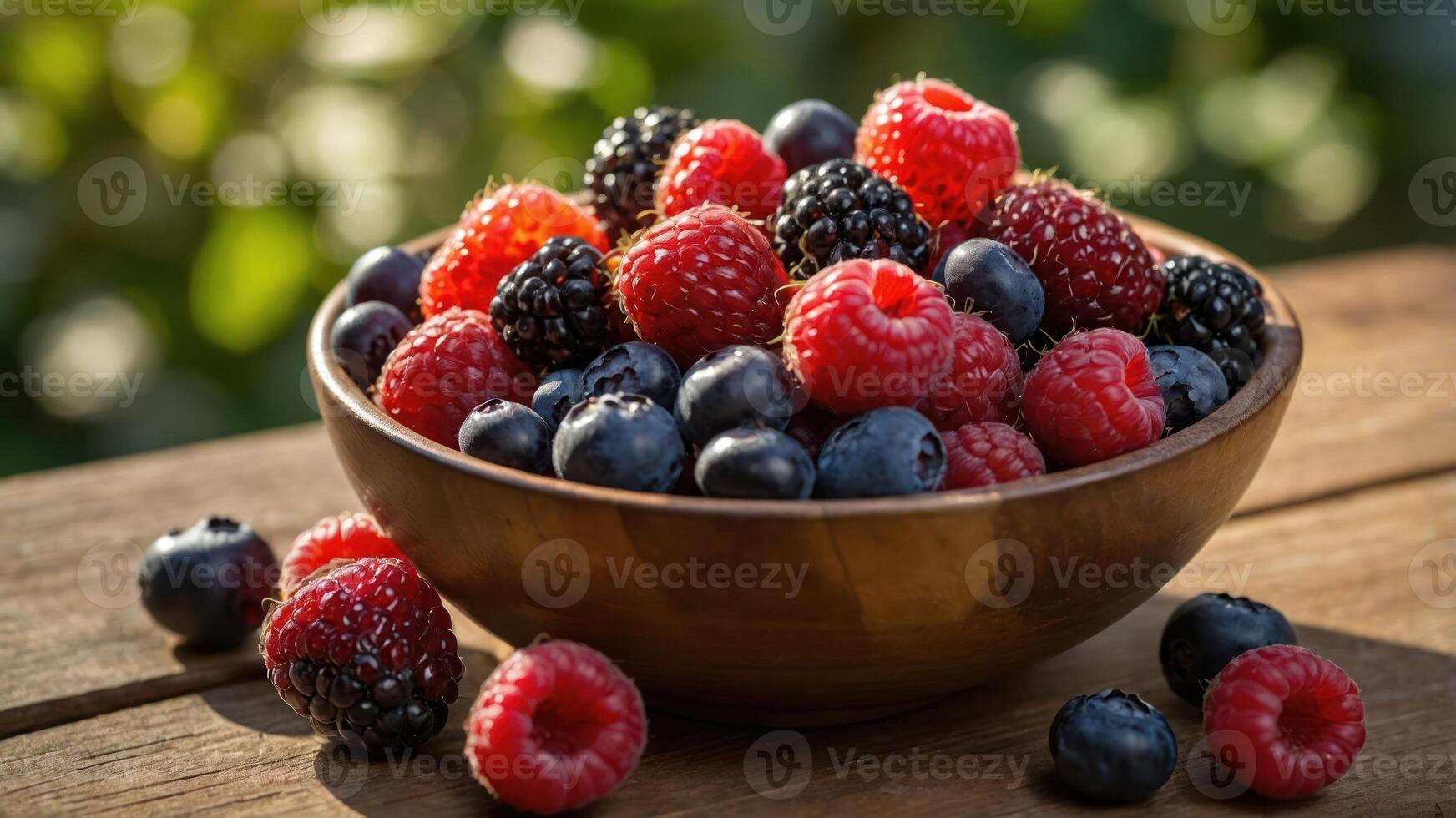 A wooden bowl filled with fresh raspberries, blackberries, and blueberries on a rustic table. photo