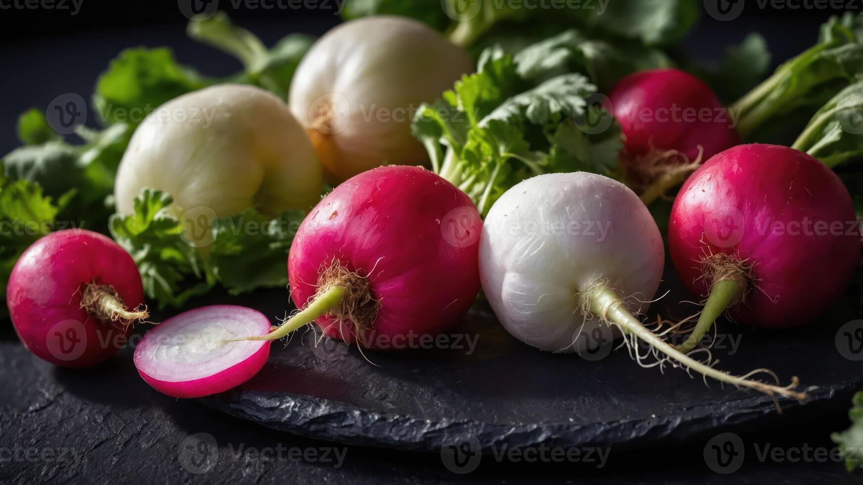 A variety of fresh radishes and greens displayed on a slate surface. photo