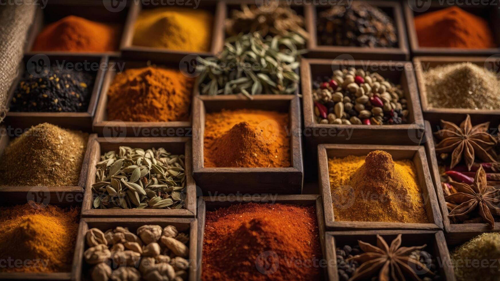 A vibrant display of various spices in wooden containers, showcasing colors and textures. photo