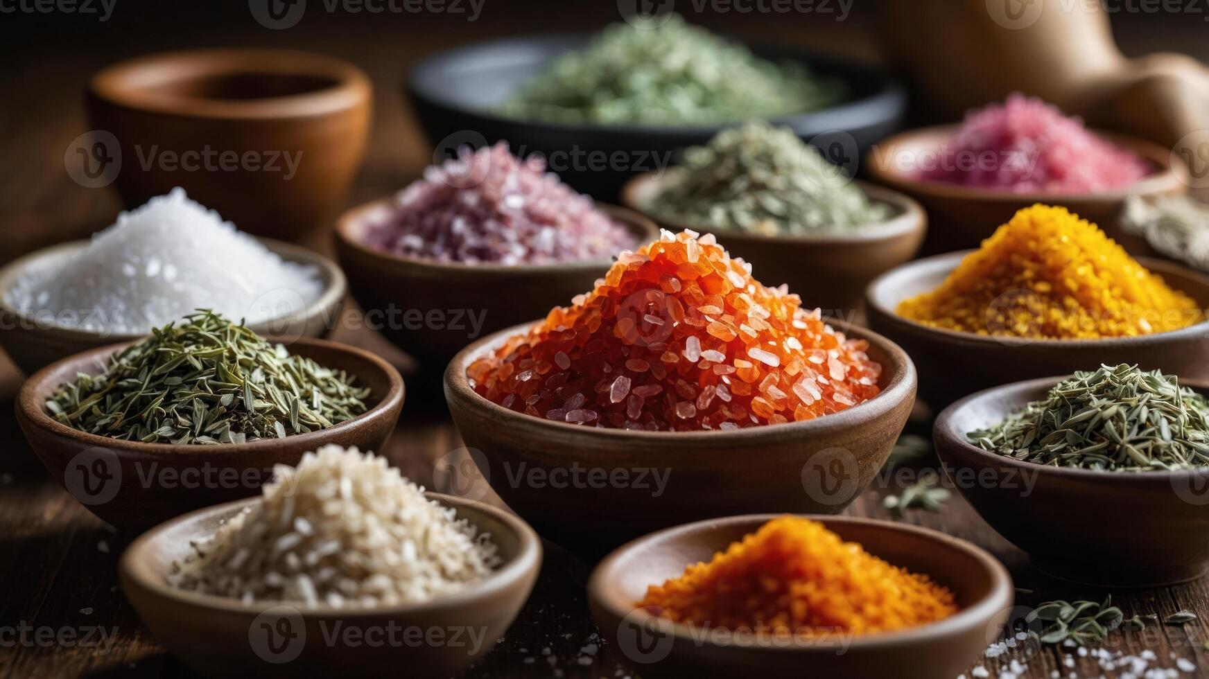 A vibrant assortment of spices and herbs in bowls, showcasing culinary diversity. photo