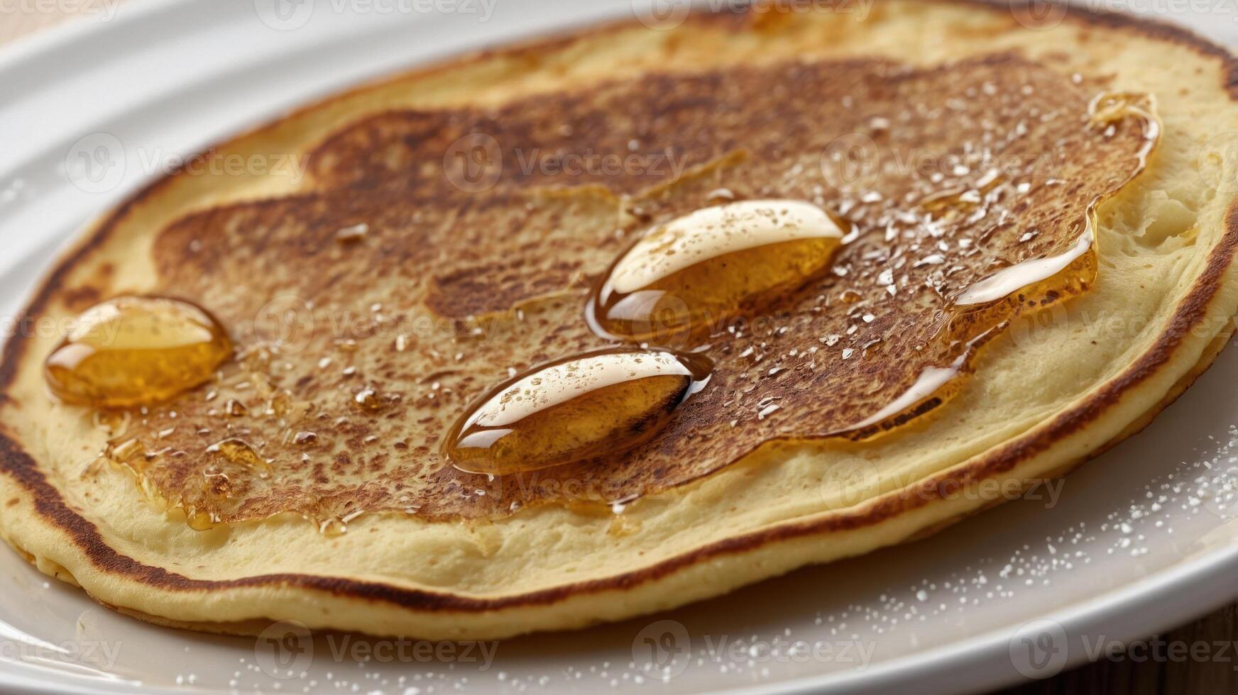 A golden pancake topped with honey, showcasing a delicious breakfast treat. photo