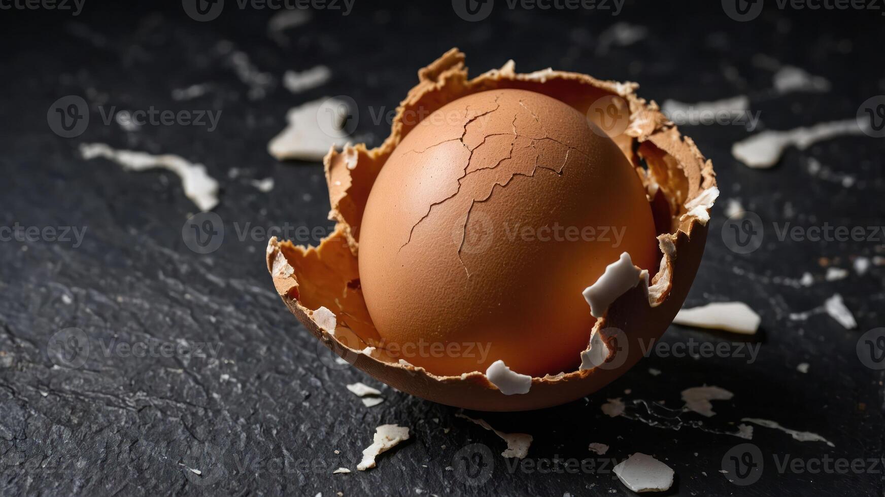 A cracked eggshell with a whole egg inside, symbolizing potential and new beginnings. photo