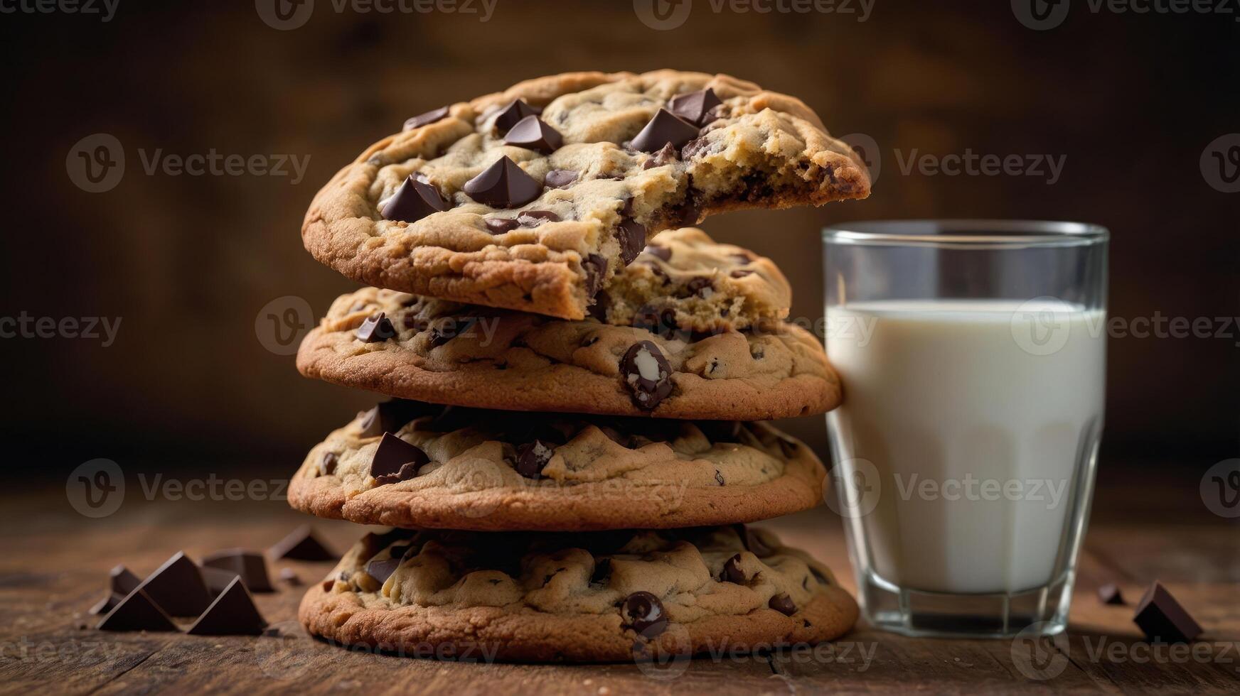 A stack of chocolate chip cookies beside a glass of milk, evoking comfort and indulgence. photo
