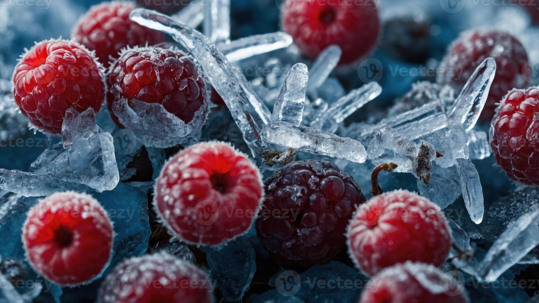 Close-up of frozen raspberries surrounded by ice crystals, highlighting freshness and texture. photo