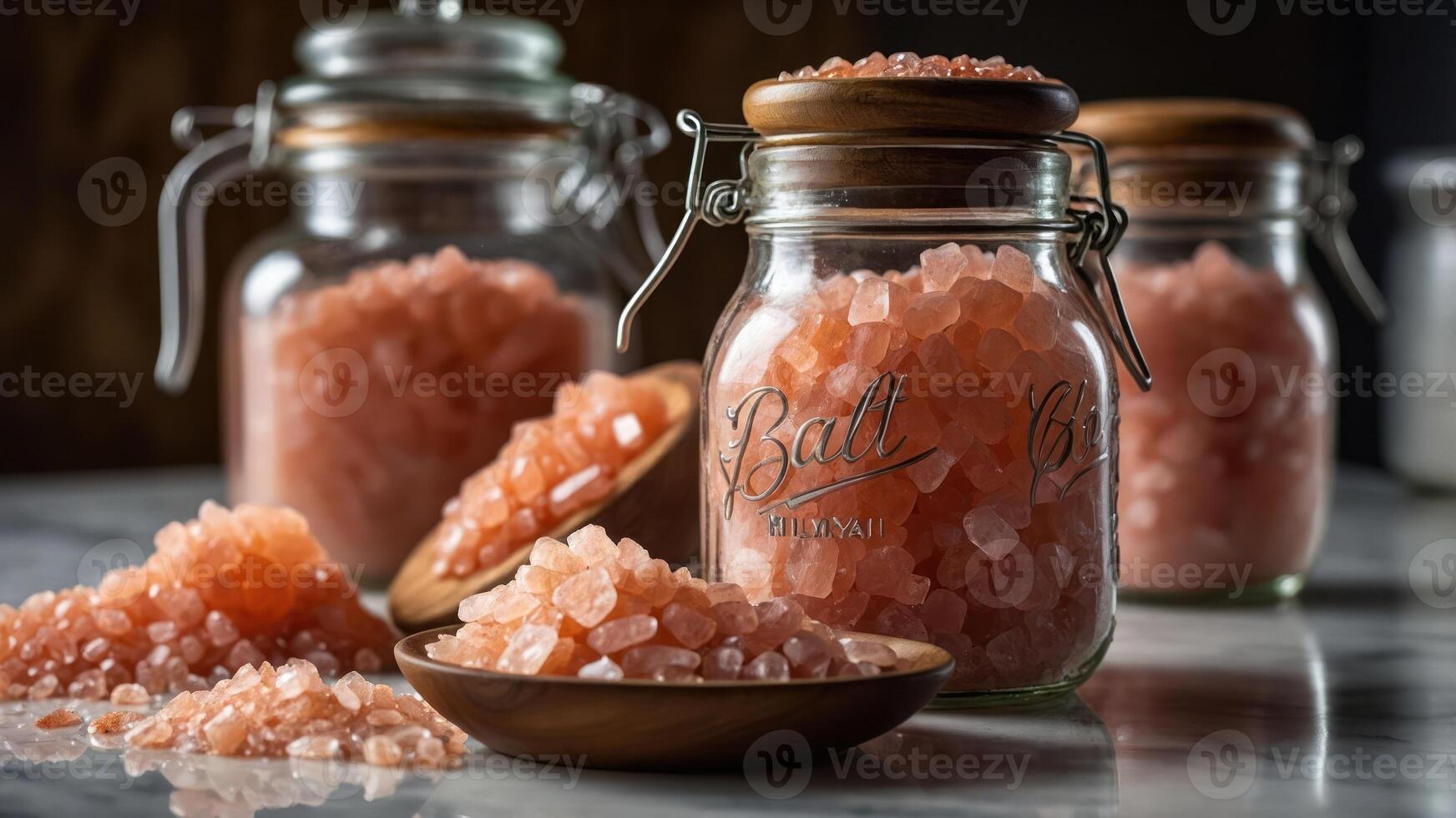 Jars of pink salt with scattered crystals on a surface, showcasing culinary ingredients. photo