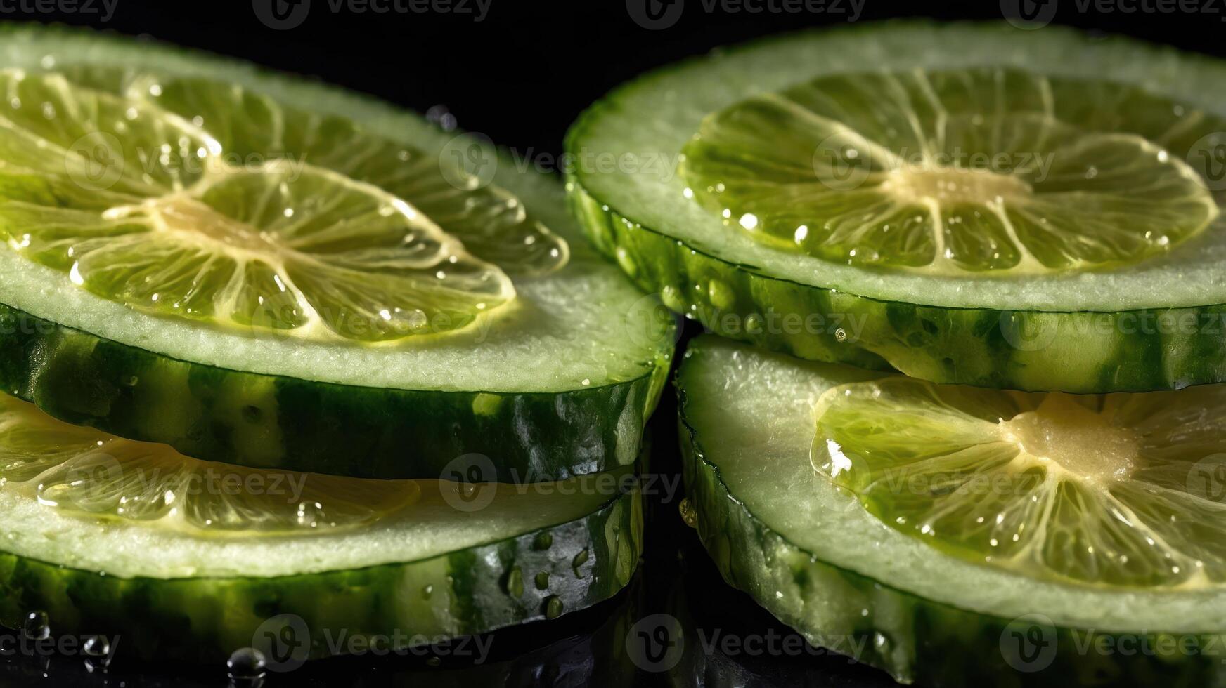 Close-up of fresh cucumber and lime slices with water droplets. photo