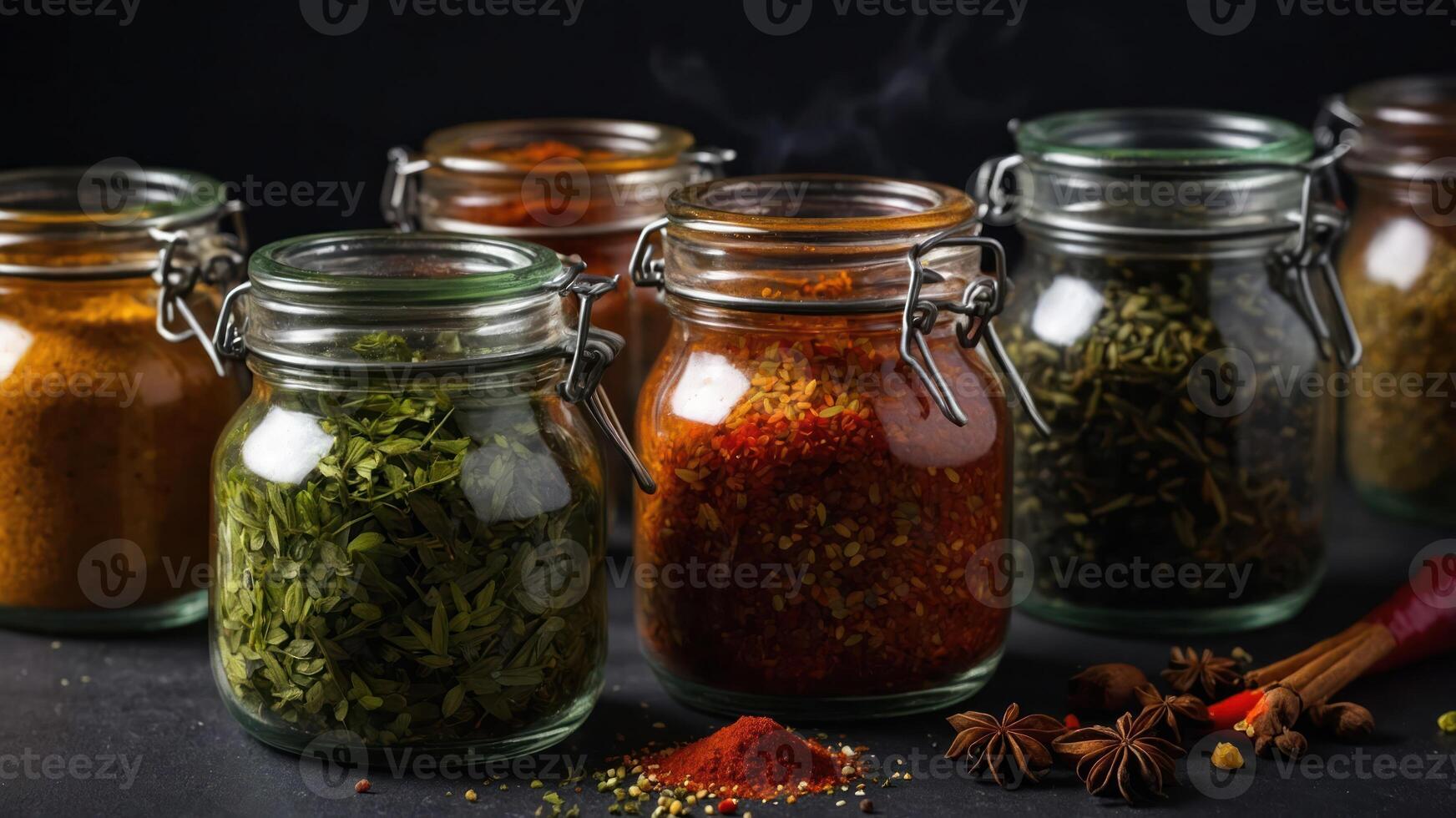 A collection of jars filled with various spices and herbs, showcasing vibrant colors and textures. photo