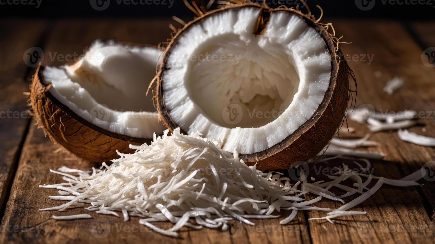 A close-up of a coconut split in half, revealing its white flesh and shredded coconut. photo