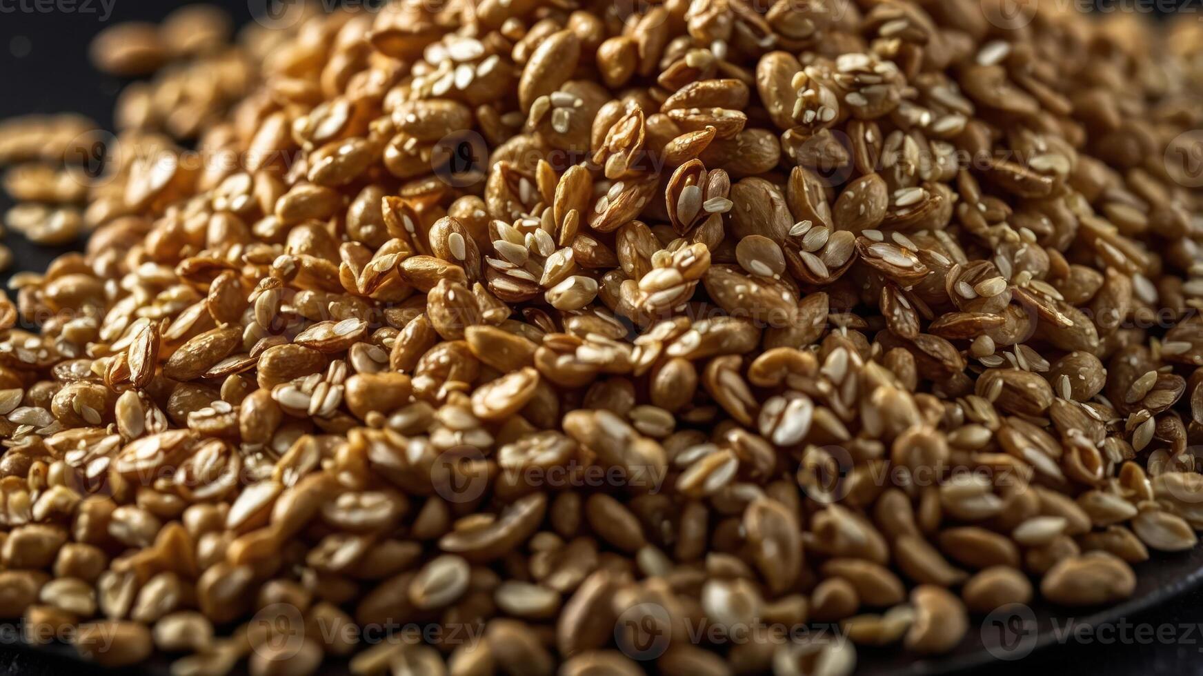 A close-up of a pile of toasted sesame seeds, highlighting texture and color. photo