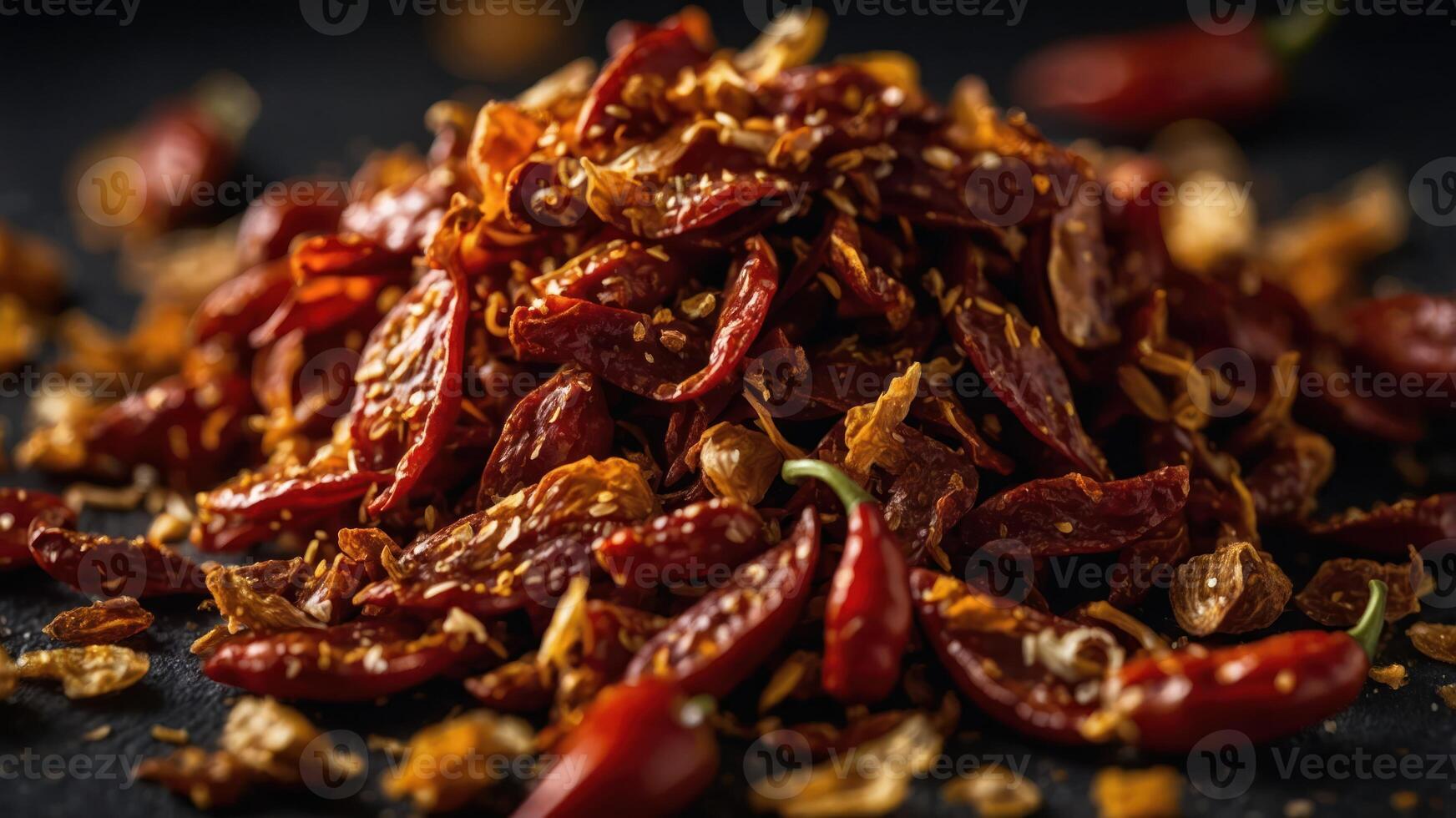 A close-up of dried red chili peppers, showcasing their texture and vibrant color. photo
