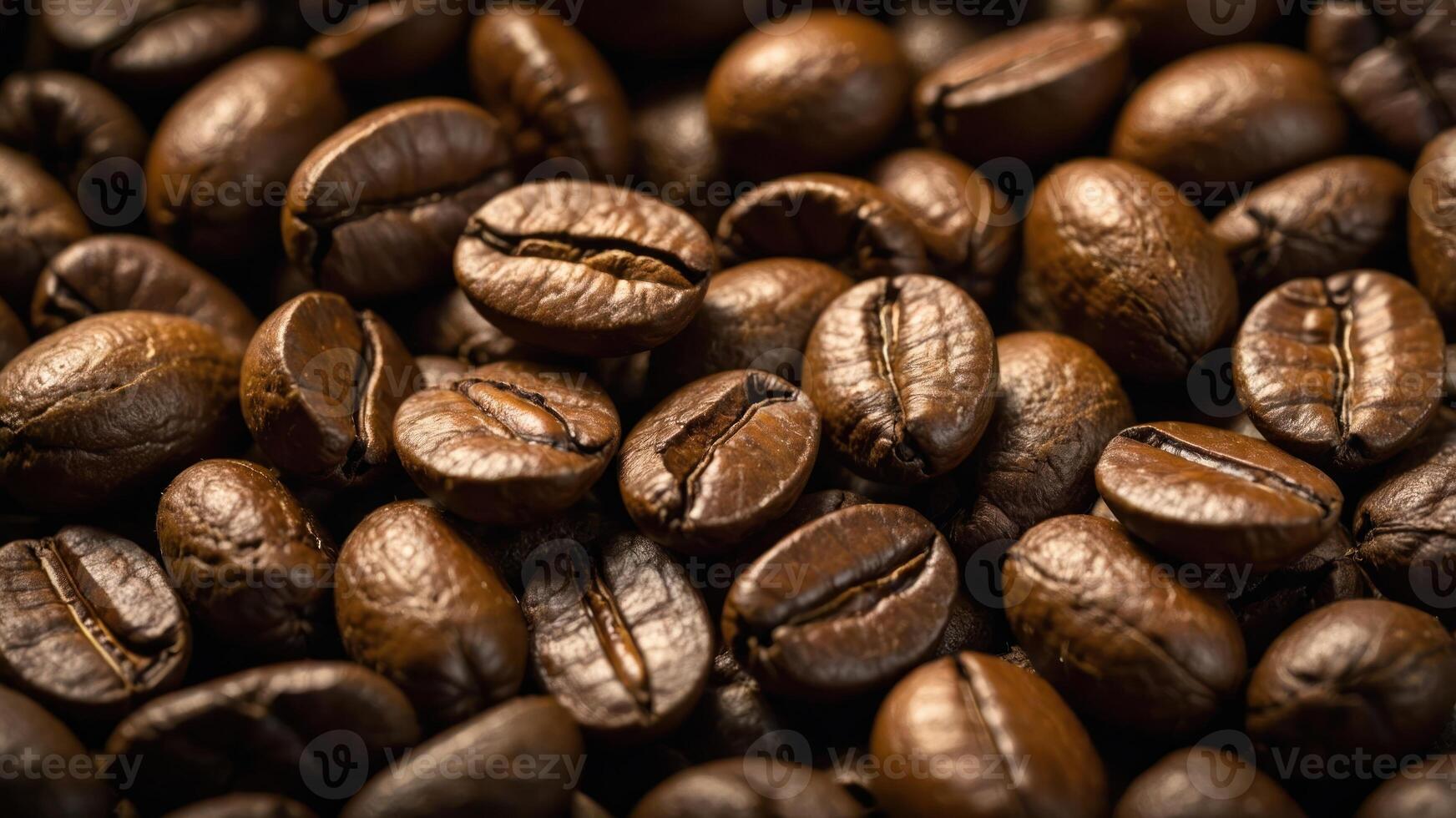 Close-up of roasted coffee beans, showcasing their rich texture and color. photo