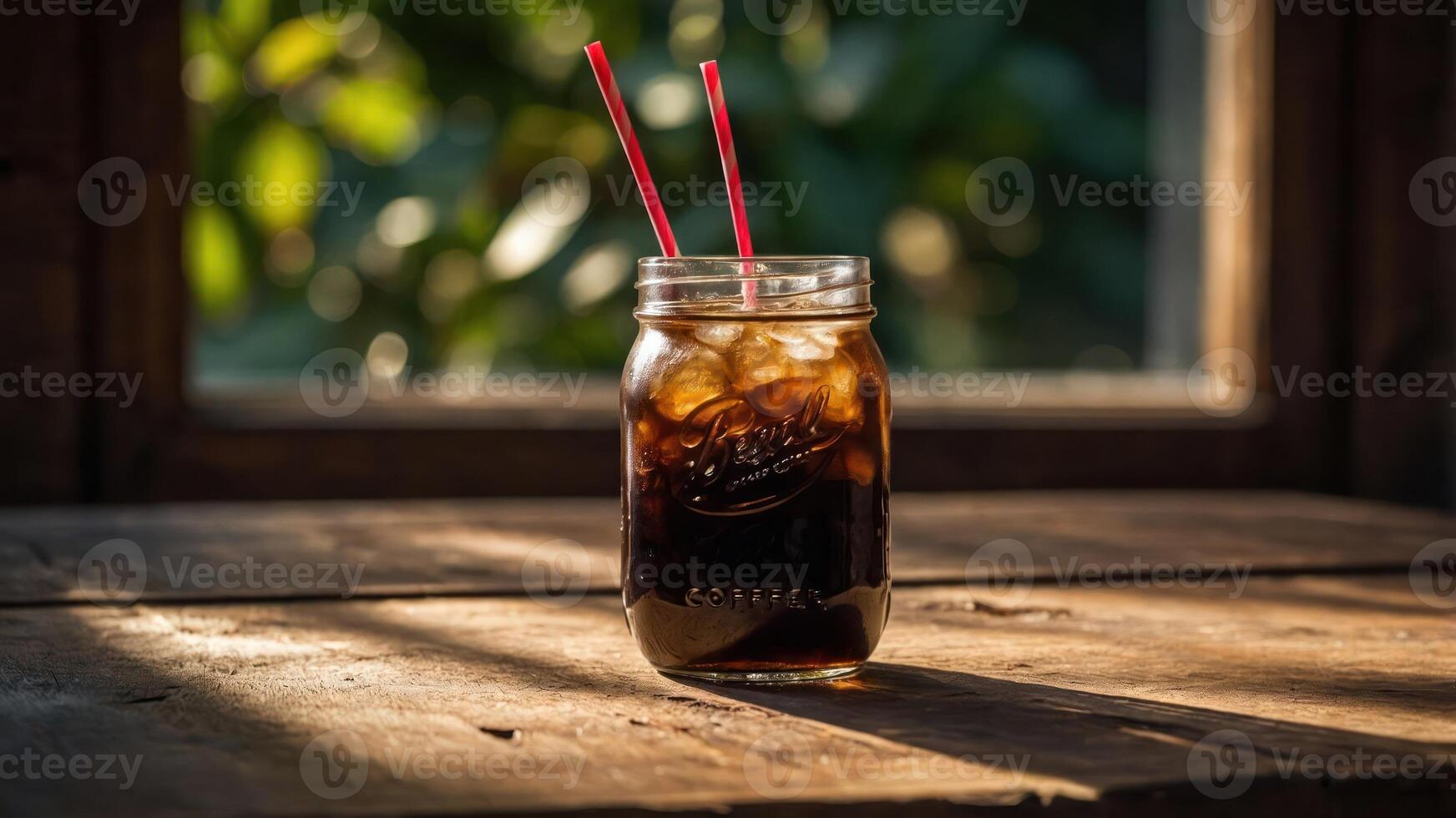 A refreshing drink in a jar with ice and straws, set against a natural backdrop. photo