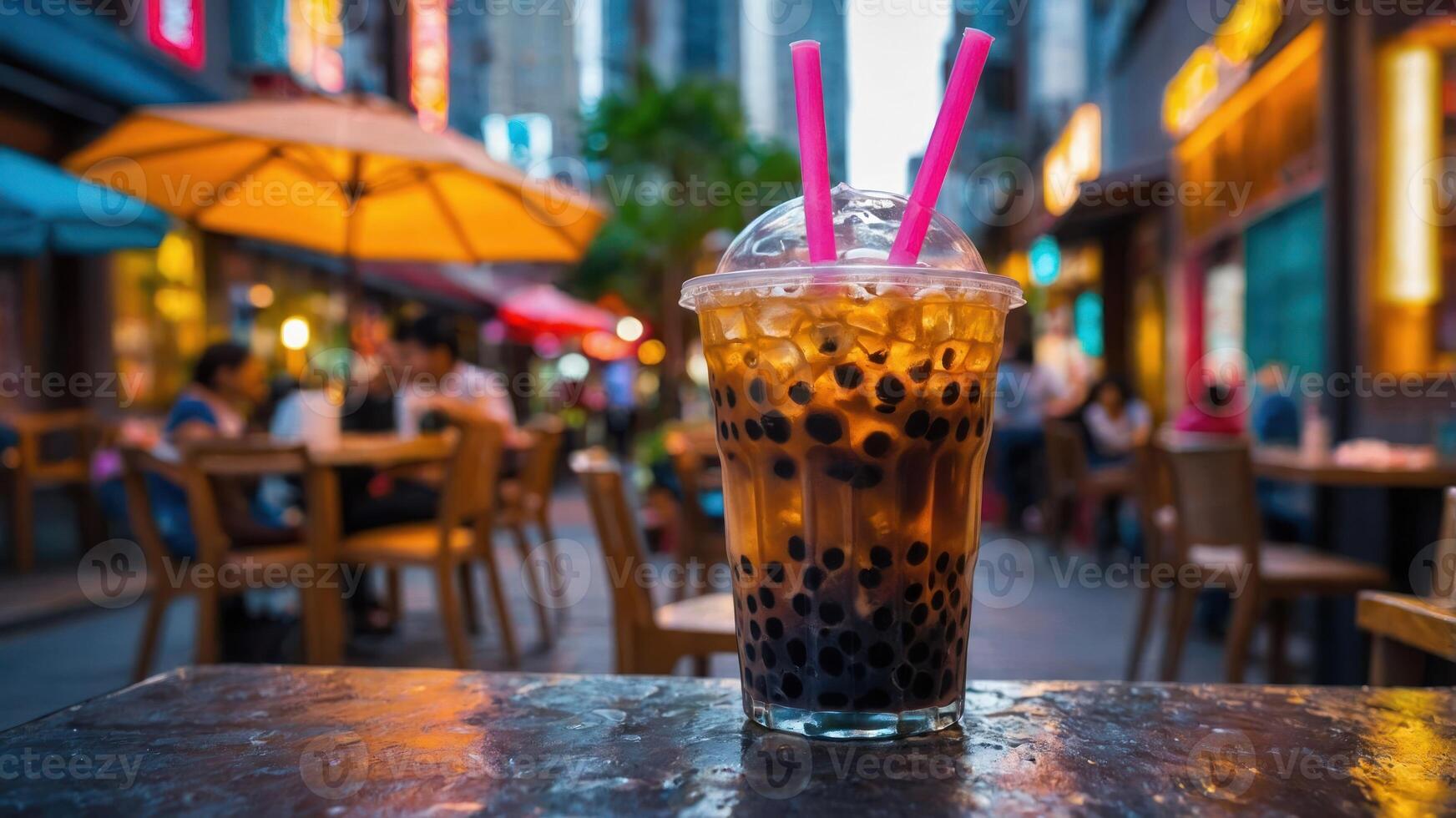 A refreshing bubble tea drink with tapioca pearls, set in a vibrant outdoor environment. photo