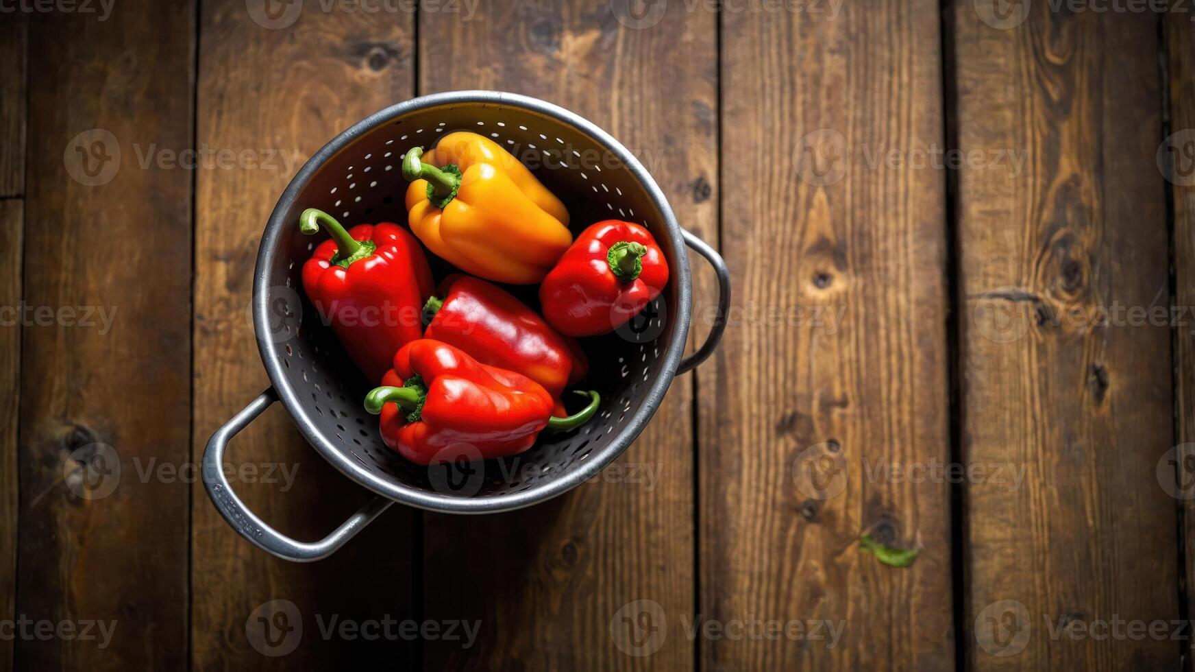 A colander filled with colorful bell peppers on a wooden surface. photo