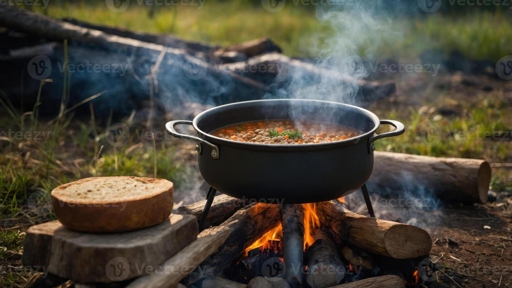 A pot of stew cooking over a campfire, with a loaf of bread nearby. photo