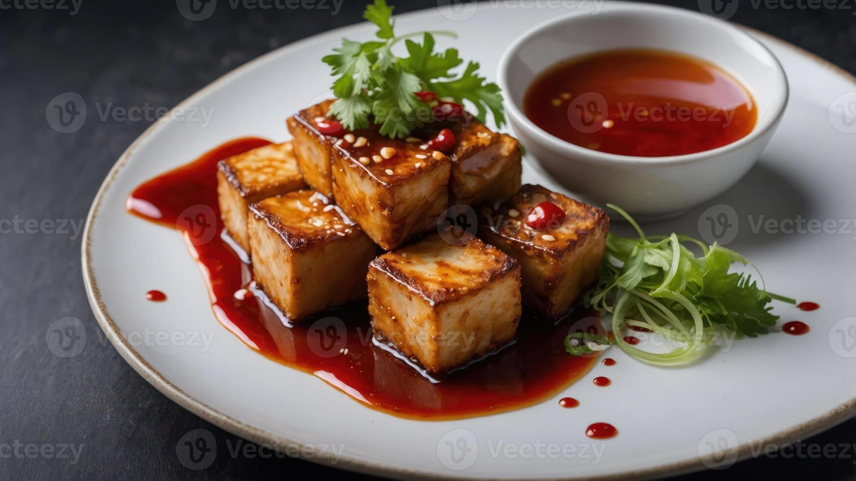 A plate of grilled tofu cubes garnished with herbs and served with a dipping sauce. photo