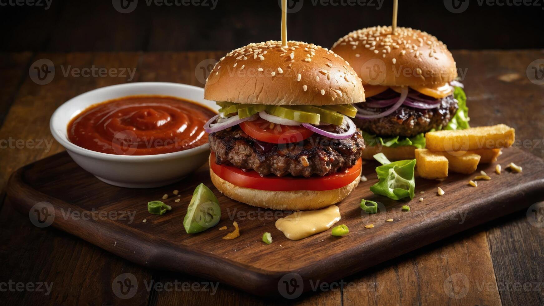 Two delicious burgers with toppings, accompanied by a side of sauce and fries on a wooden board. photo