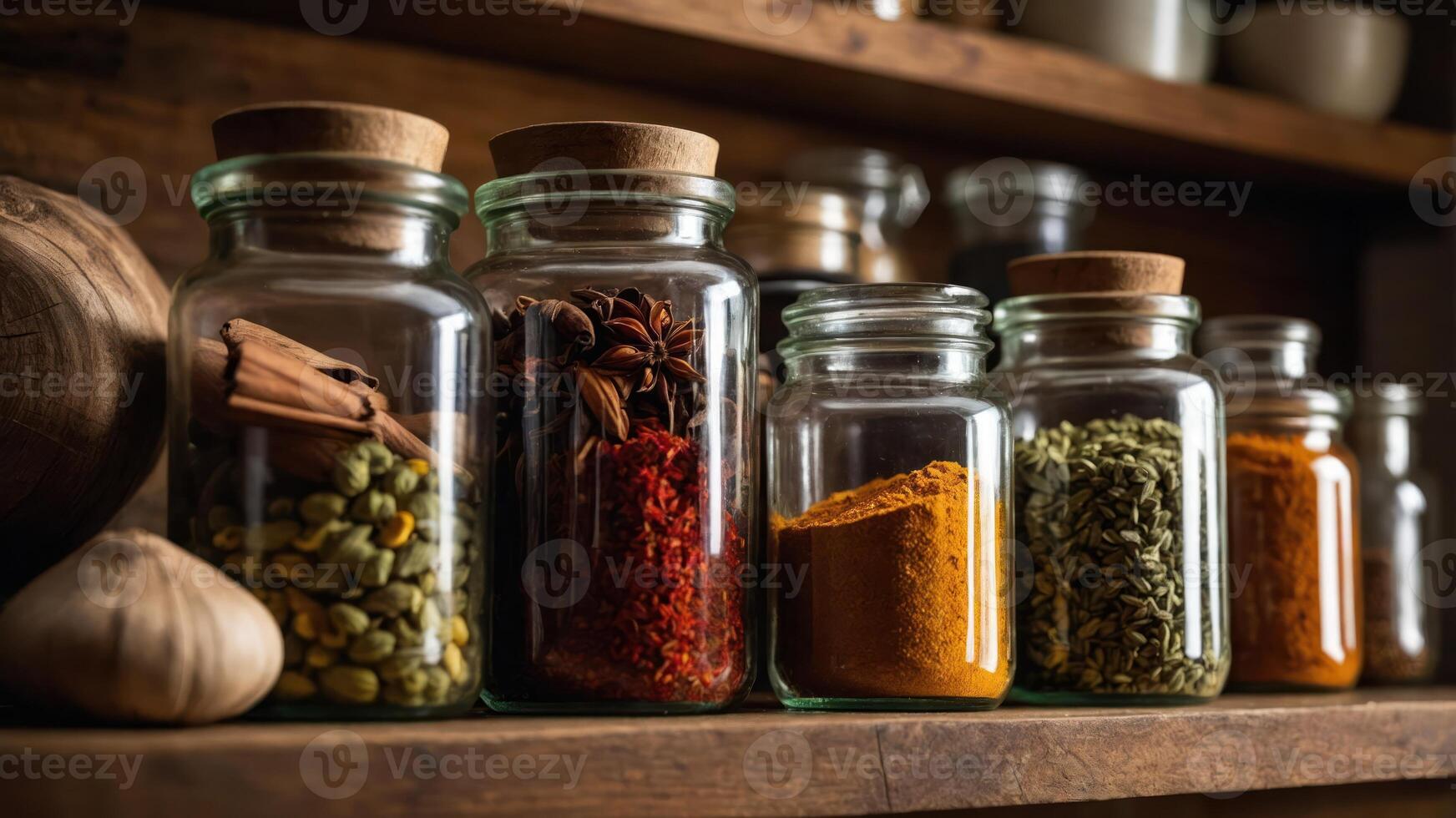 A collection of spices in glass jars on a wooden shelf, enhancing culinary experiences. photo