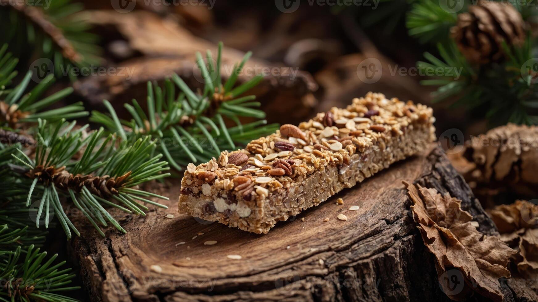 A granola bar placed on a wooden surface surrounded by pine branches and natural elements. photo