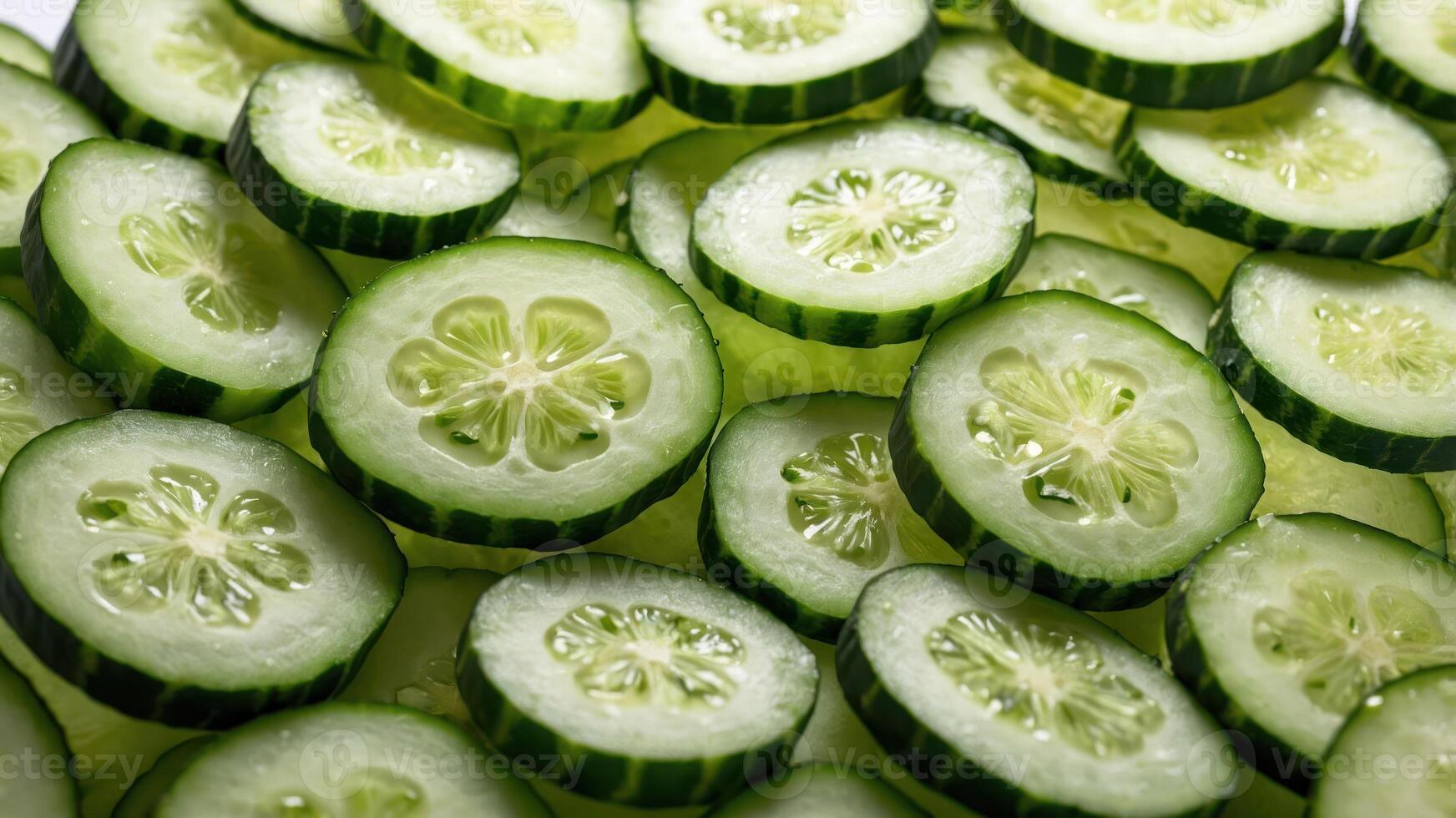 A close-up view of sliced cucumbers arranged neatly, showcasing their fresh and vibrant appearance. photo
