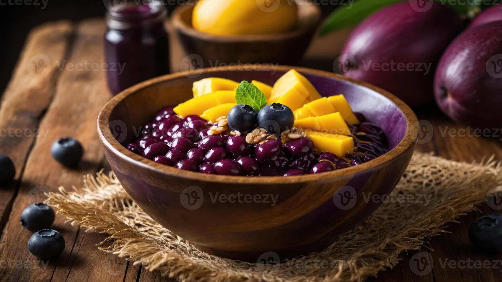A colorful bowl of acai topped with mango, blueberries, and granola, set on a rustic table. photo
