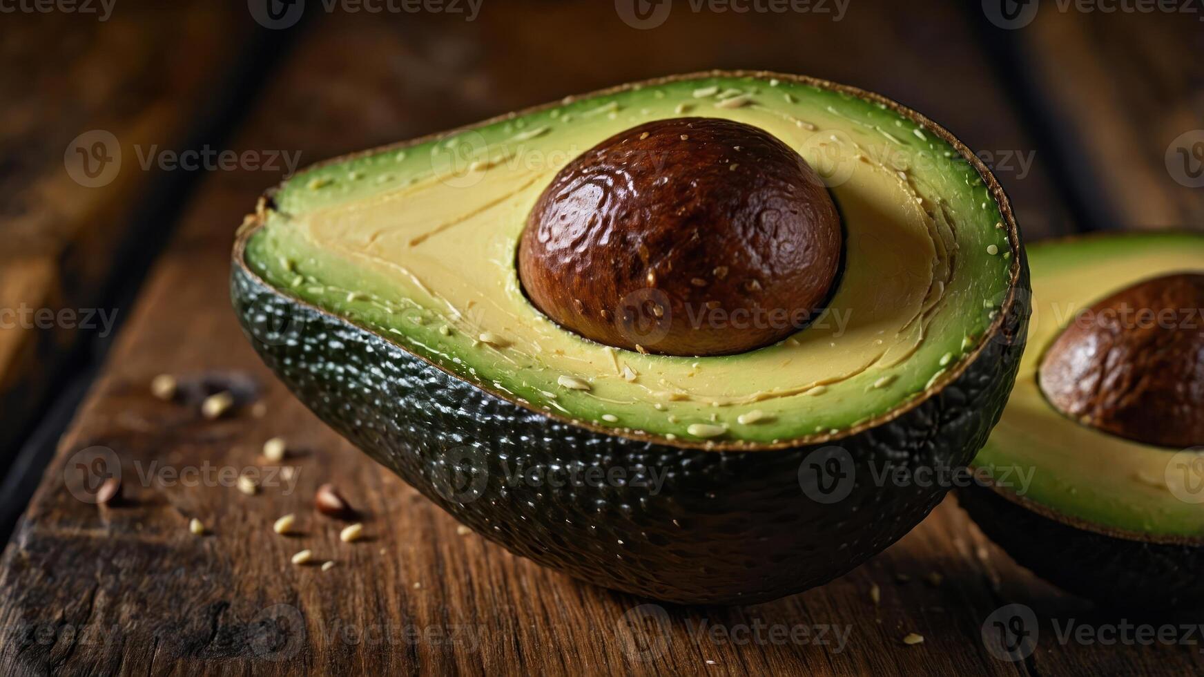A halved avocado showcasing its creamy texture and seed on a rustic wooden surface. photo