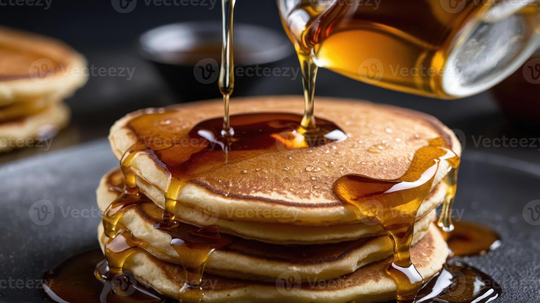 A stack of fluffy pancakes drizzled with syrup, showcasing a delicious breakfast treat. photo