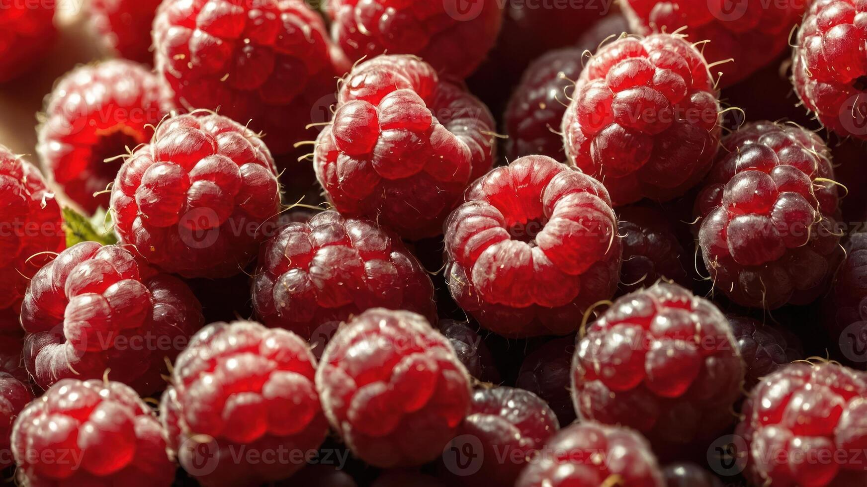 A close-up view of fresh, ripe raspberries showcasing their vibrant red color and texture. photo