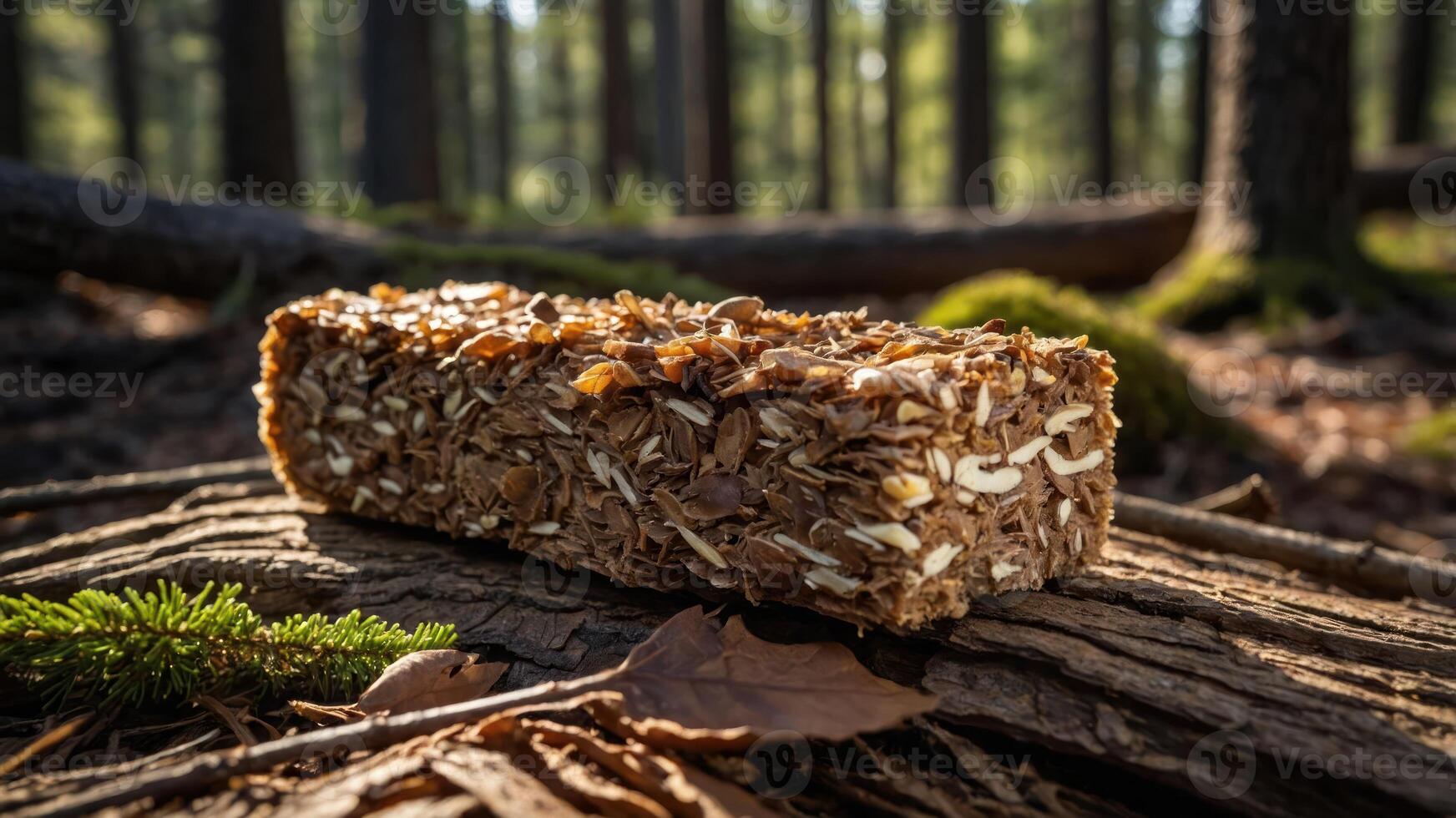 A block made of natural materials sits on a log in a forest setting. photo