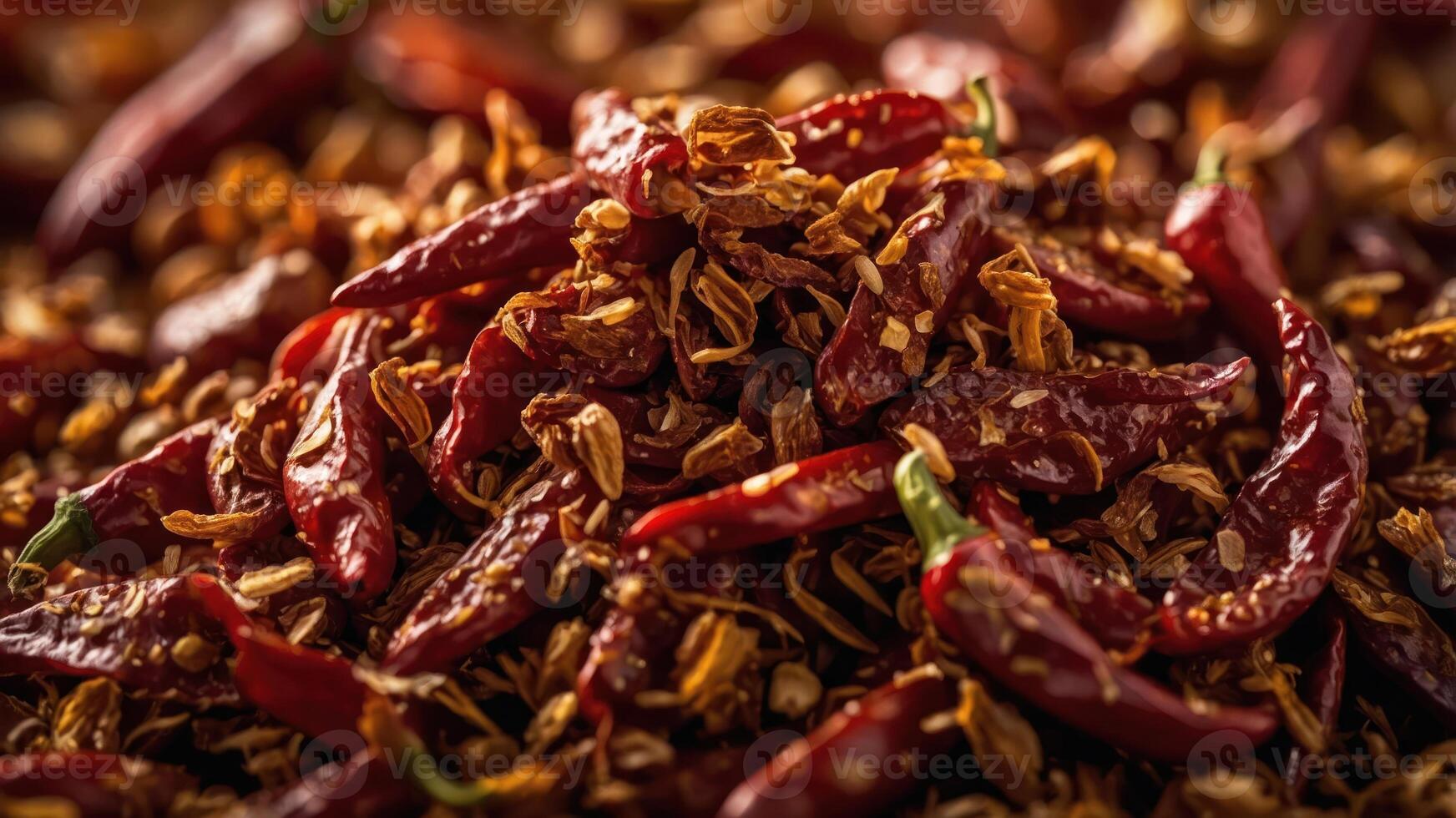 A close-up of dried red chilies and spices, showcasing their texture and color. photo