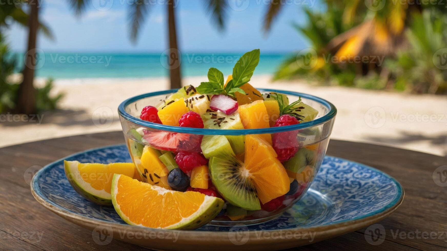 A vibrant bowl of mixed tropical fruits set against a beach backdrop. photo