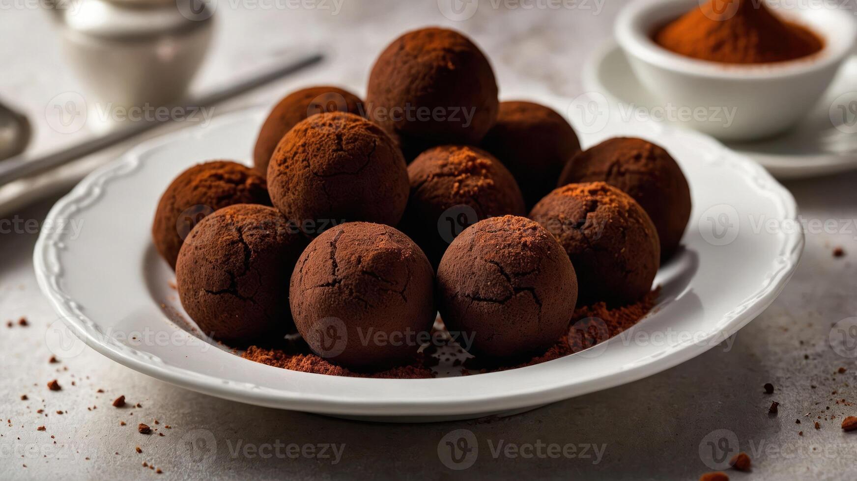 A plate of chocolate truffles dusted with cocoa powder, ready to be enjoyed as a dessert. photo