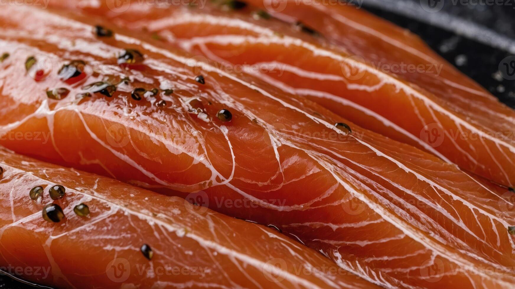 Fresh slices of salmon arranged on a plate, showcasing their rich color and texture. photo