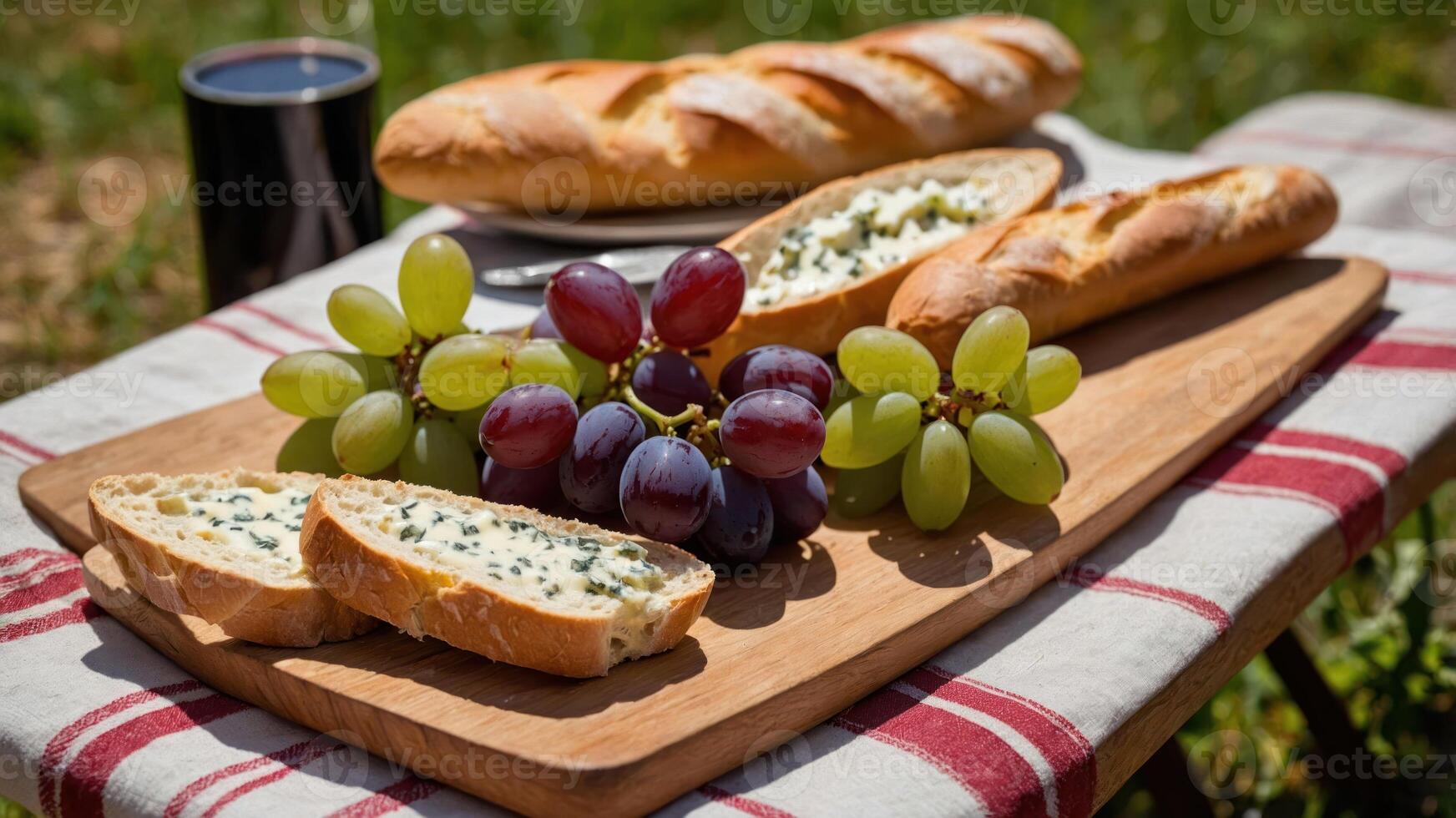 A picnic setting with baguettes, cheese spread, and grapes on a checkered cloth. photo