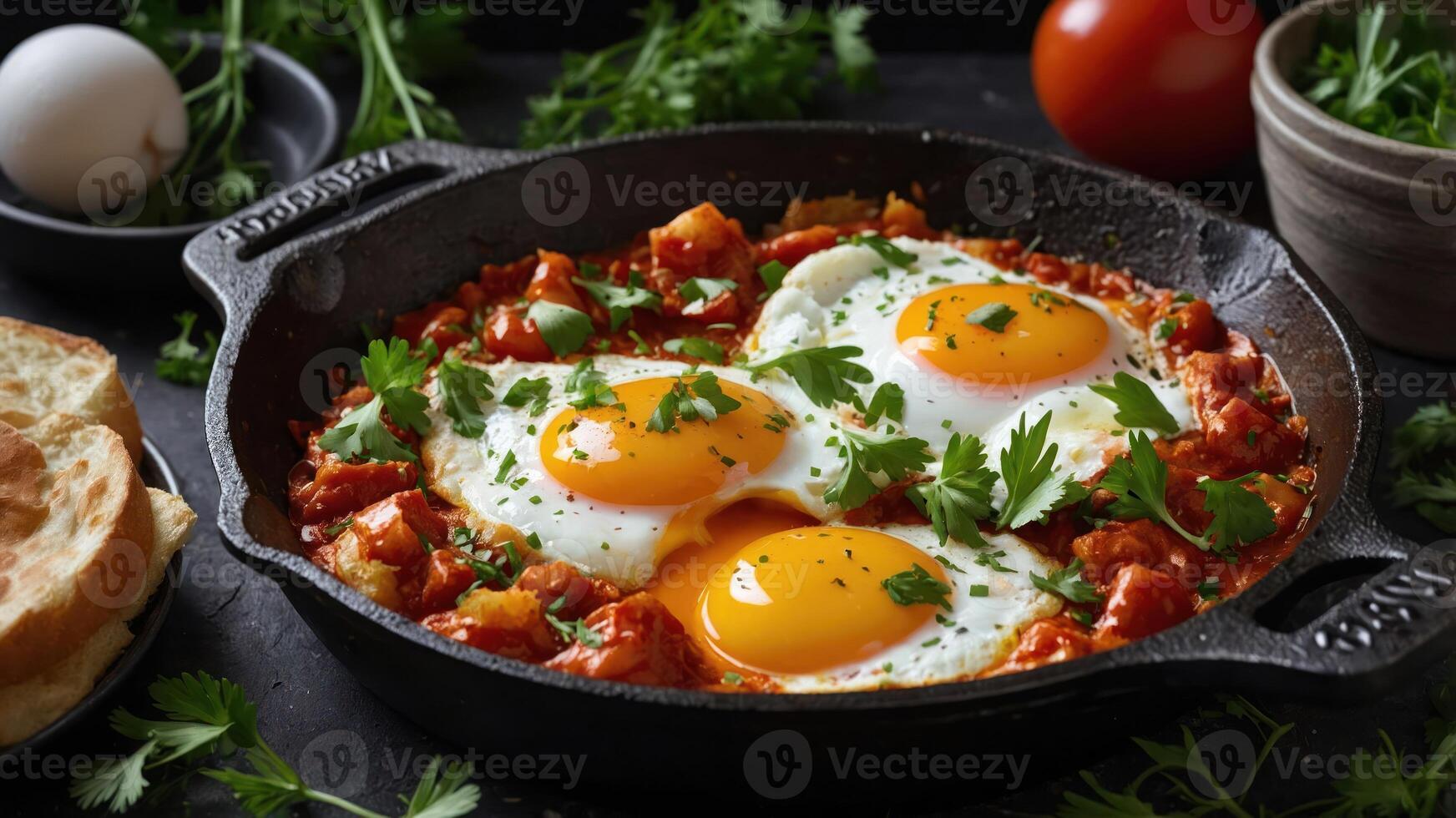 A skillet filled with eggs and vegetables, garnished with herbs, ready for a meal. photo