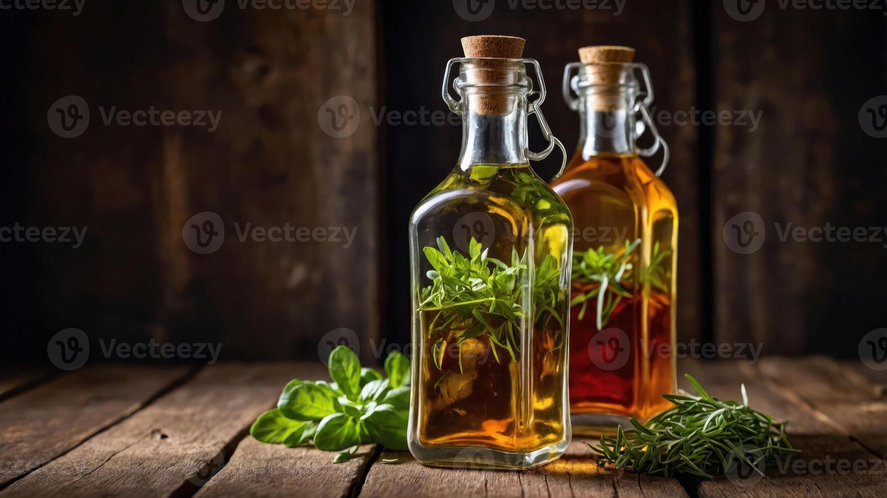 Two glass bottles of infused oils with herbs on a wooden surface. photo