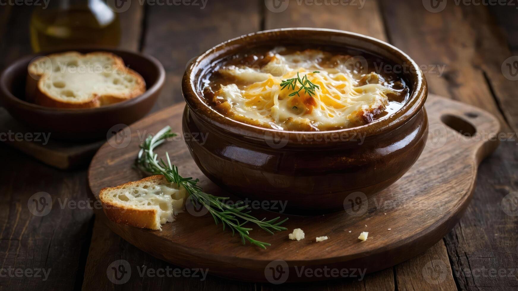 A bowl of cheesy soup with bread on a wooden board, evoking a cozy dining experience. photo